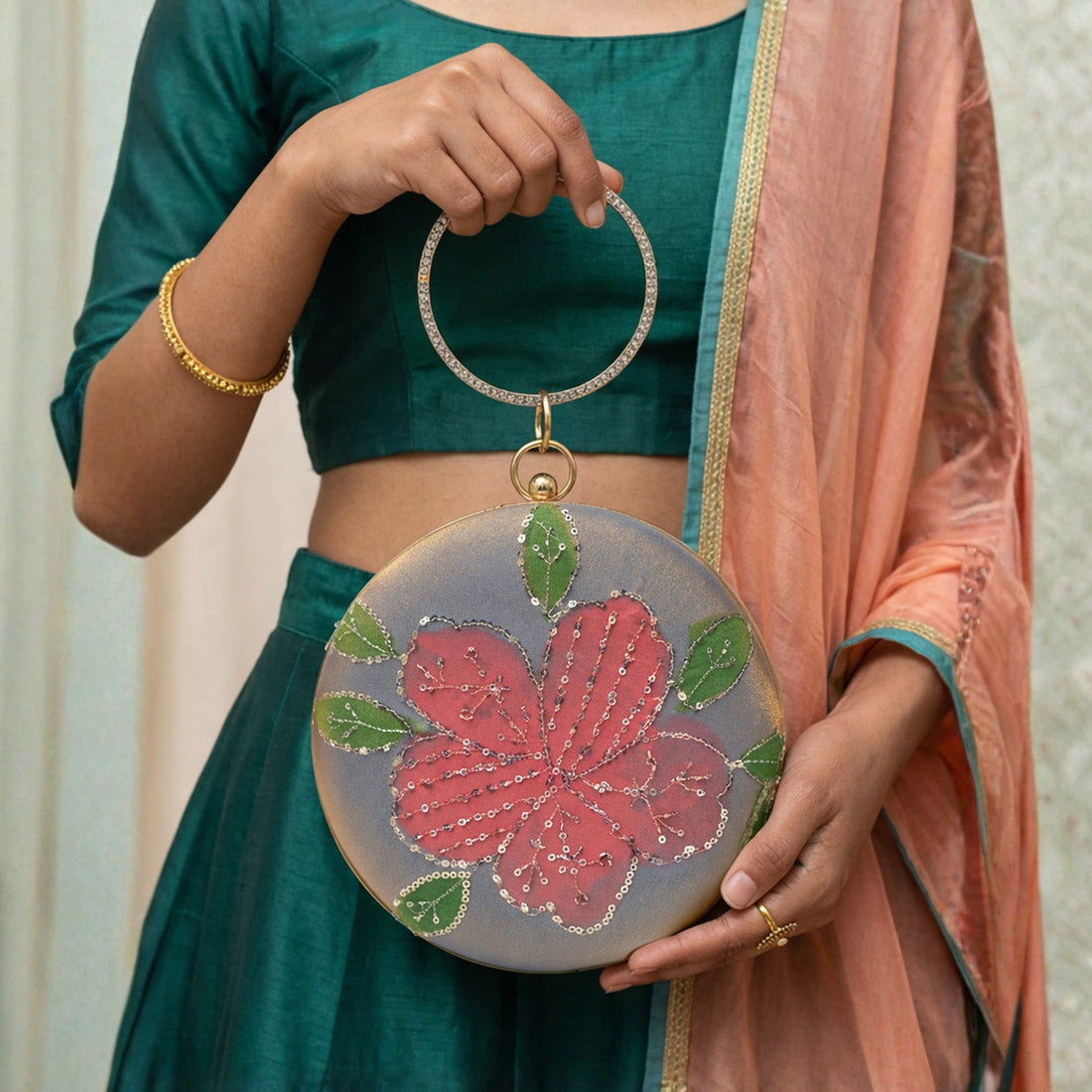 Artklim Silver Mist Floral Embroidered Round Clutch