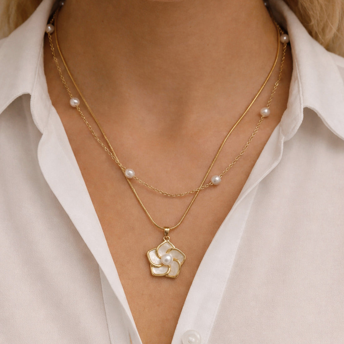 Artklim Gold-Plated Elegant Pearl Layered with Floral Charm Anti-Tarnish Pendant Necklace
