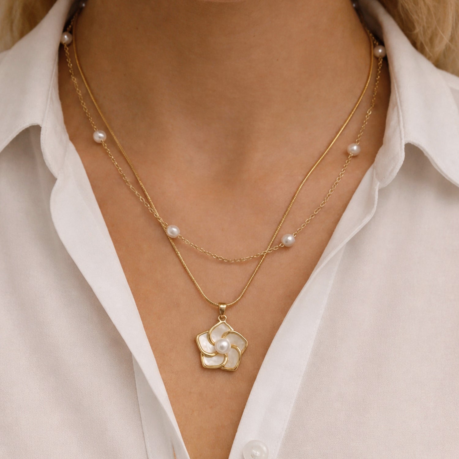 Artklim Gold-Plated Elegant Pearl Layered with Floral Charm Anti-Tarnish Pendant Necklace