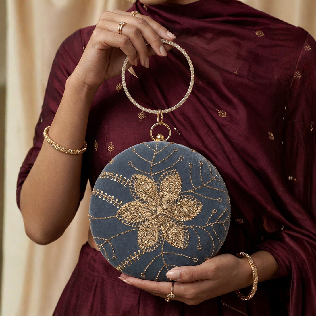 Artklim Dusty Blue Velvet Floral Round Embroidered Clutch