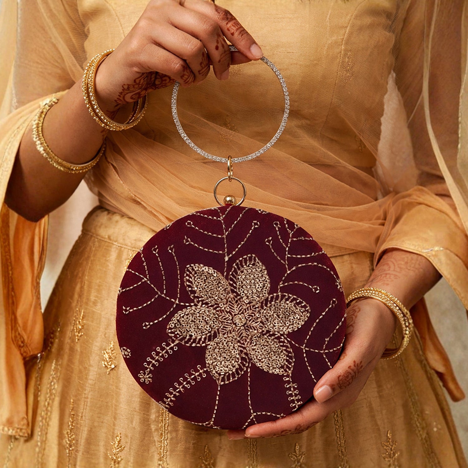 Artklim Maroon Velvet Floral Round Embroidered Clutch
