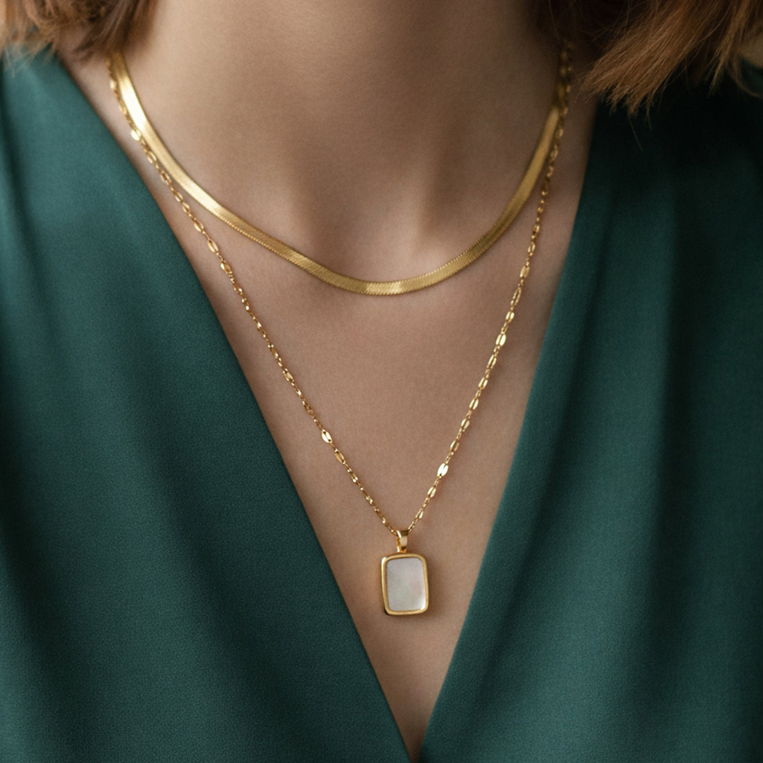 Artklim Gold-Plated Double Layer with Minimal Square Anti-Tarnish Pendant Necklace