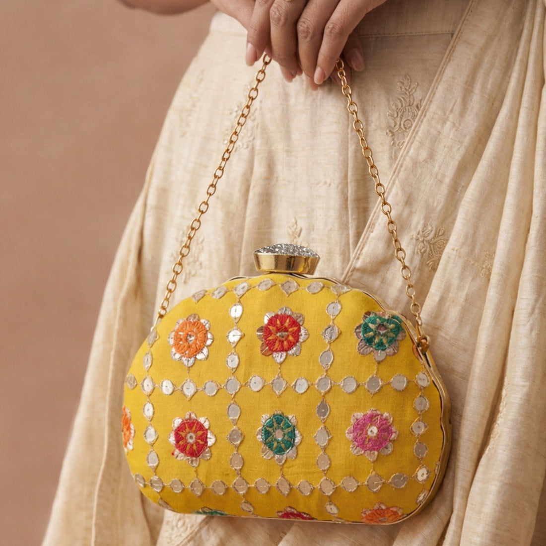 Artklim Stylish Yellow Ethnic Embroidred Clutch