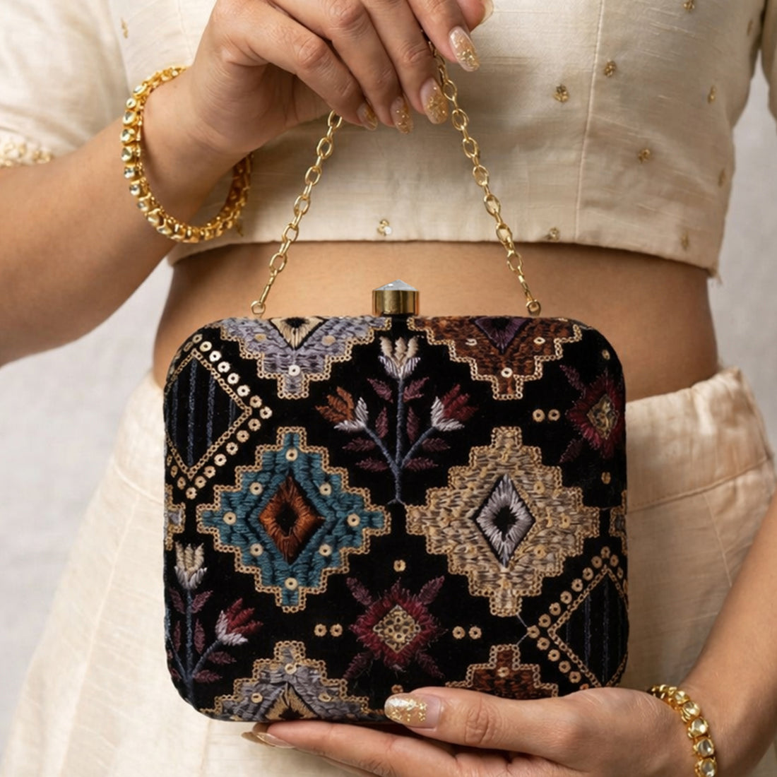 Artklim Elegant Black Multicolor Embroidered Box Clutch
