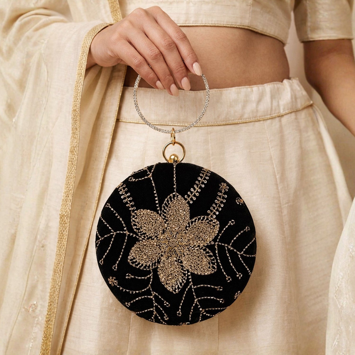 Artklim Black Velvet Floral Round Embroidered Clutch