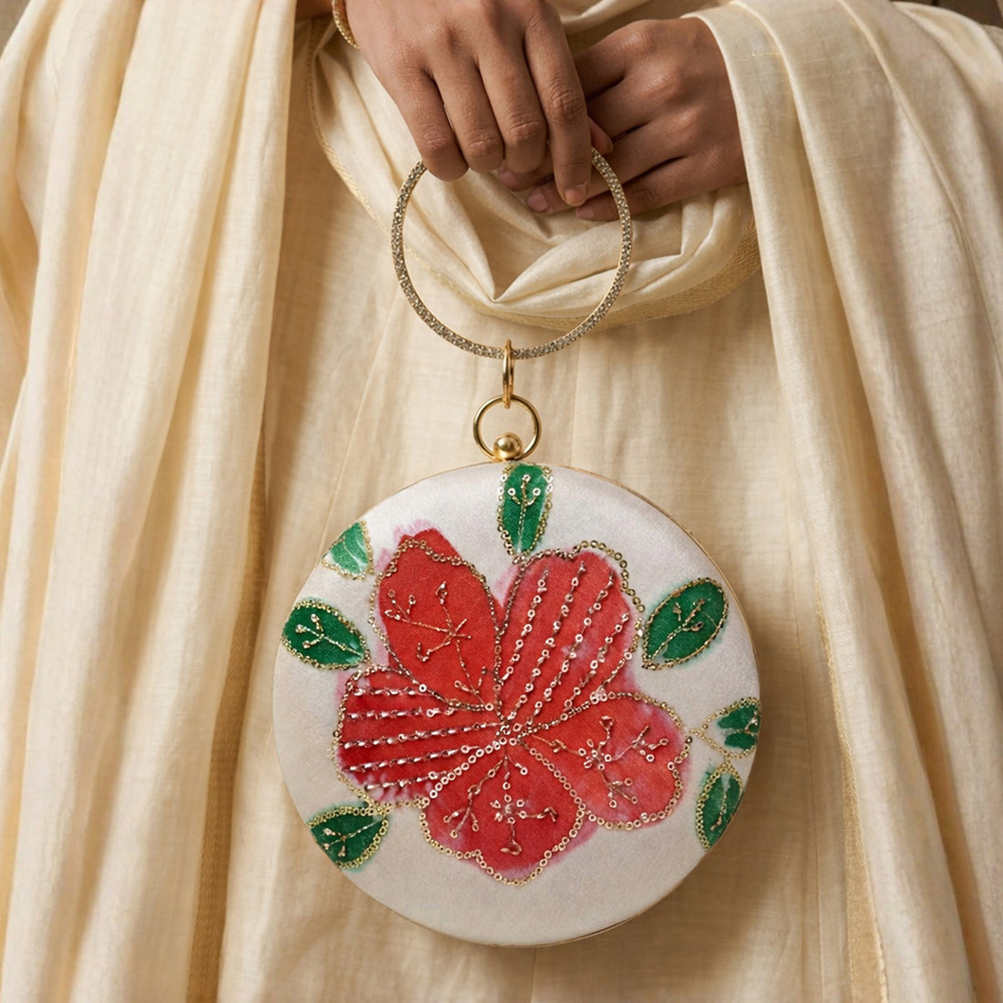 Artklim Ivory Garden Floral Sequin Embroidered Round Clutch