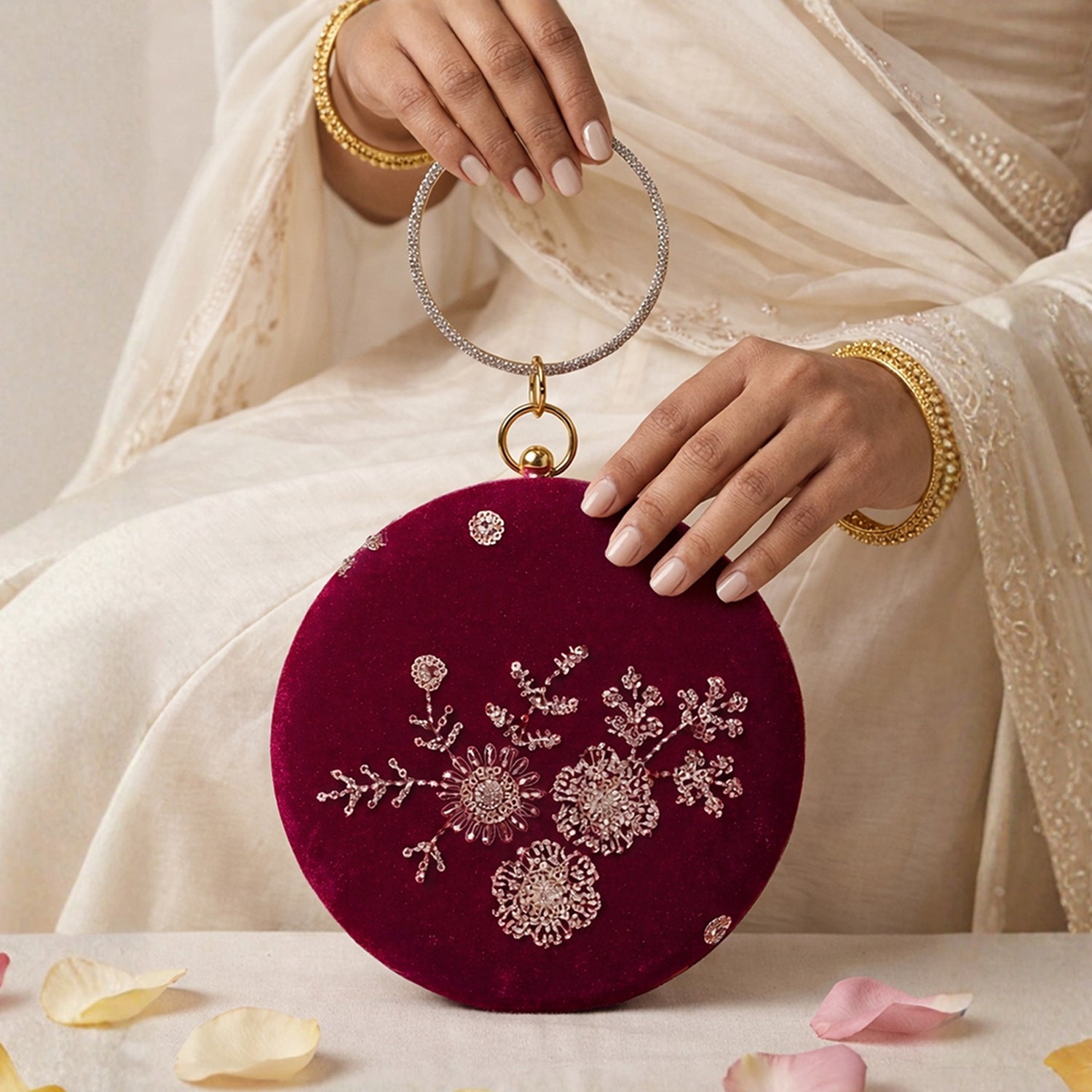 Artklim Dark Pink Velvet Floral Round Embroidered Clutch