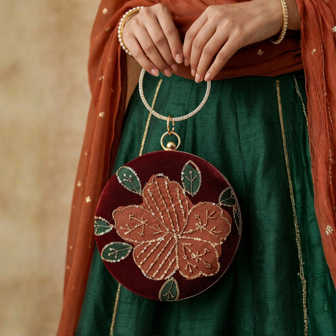 Artklim Ruby Bloom Velvet Embroidered Round Clutch