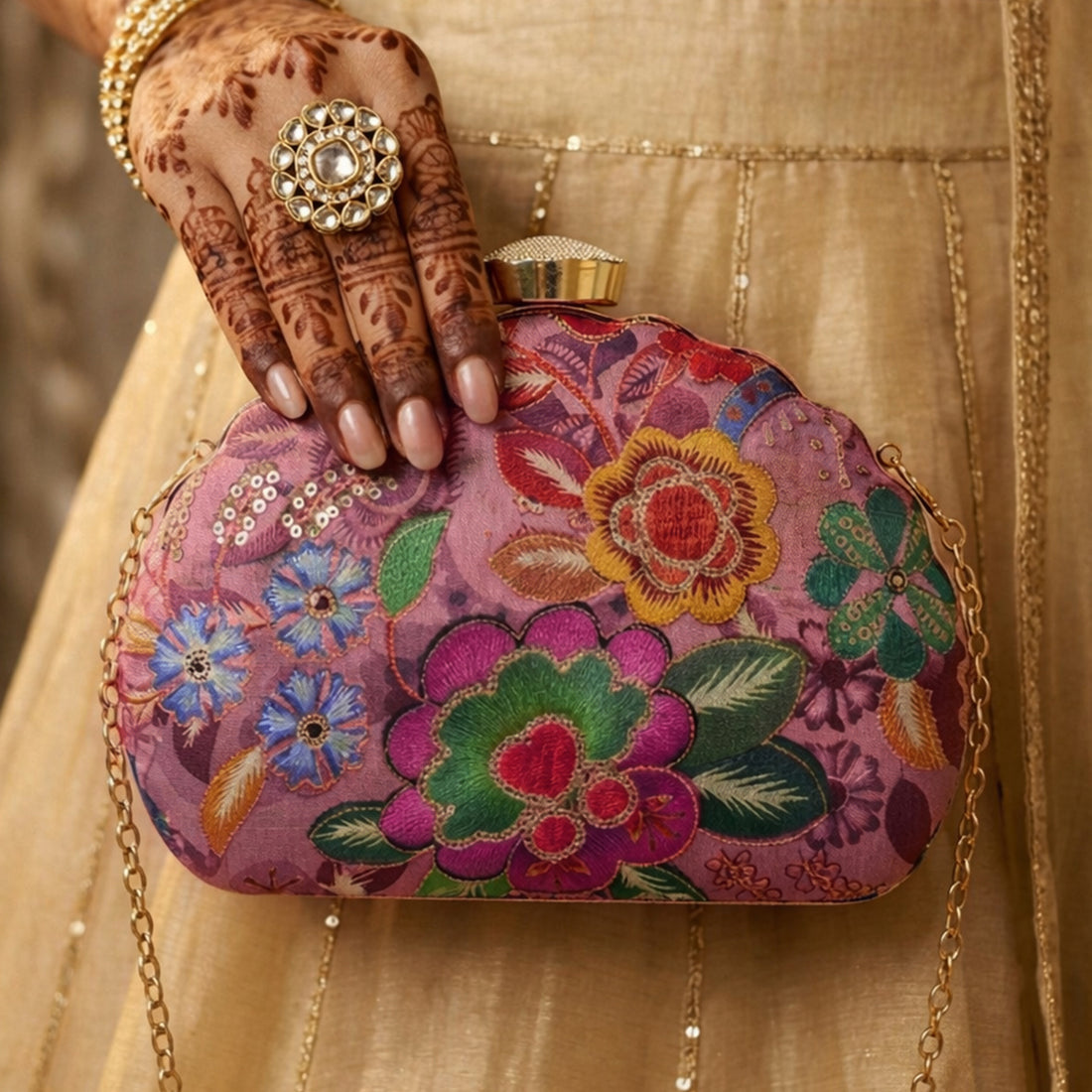 Artklim Elegant Pink Floral Ethnic Embroidered Clutch