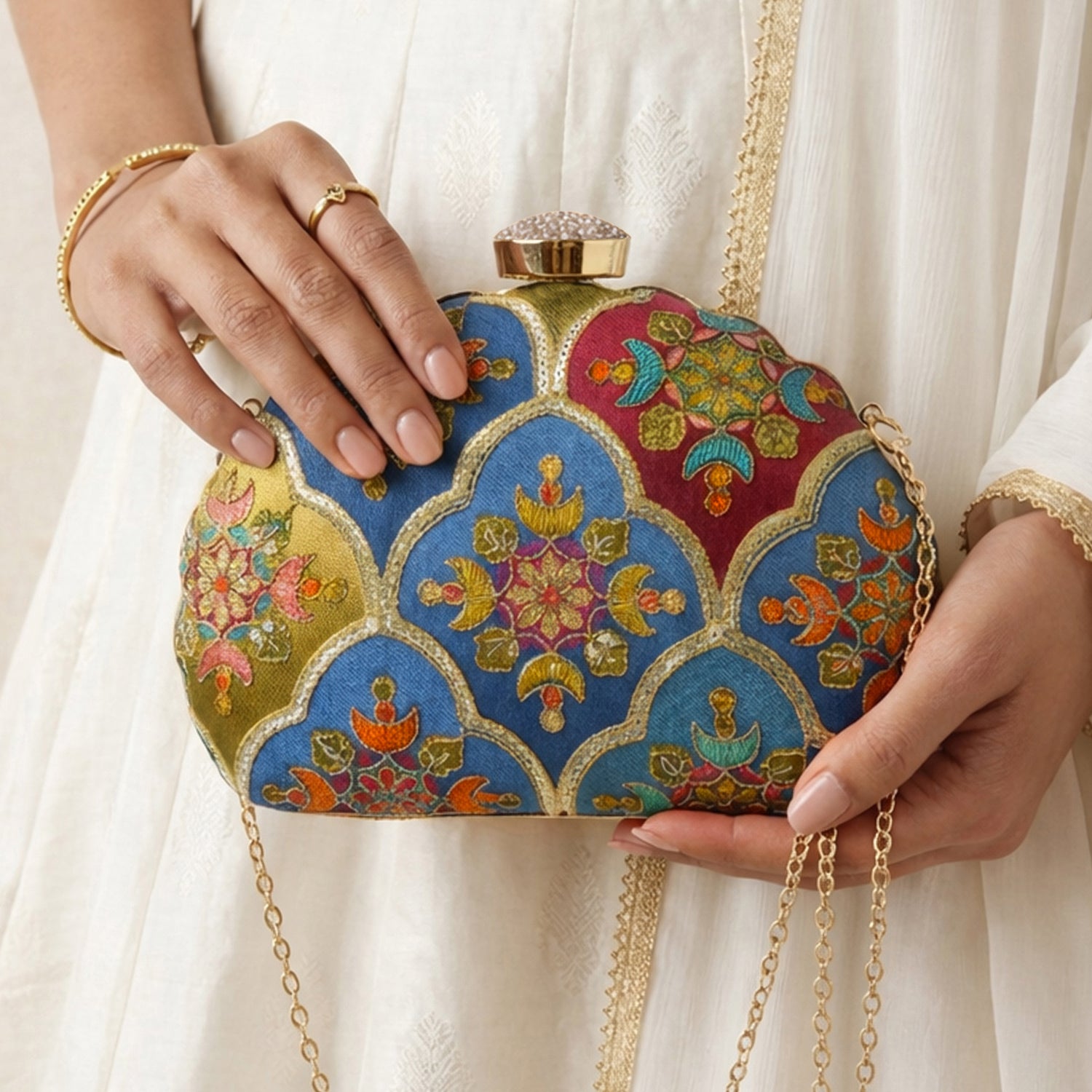 Artklim Royal Blue Multicolor Embroidred Clutch