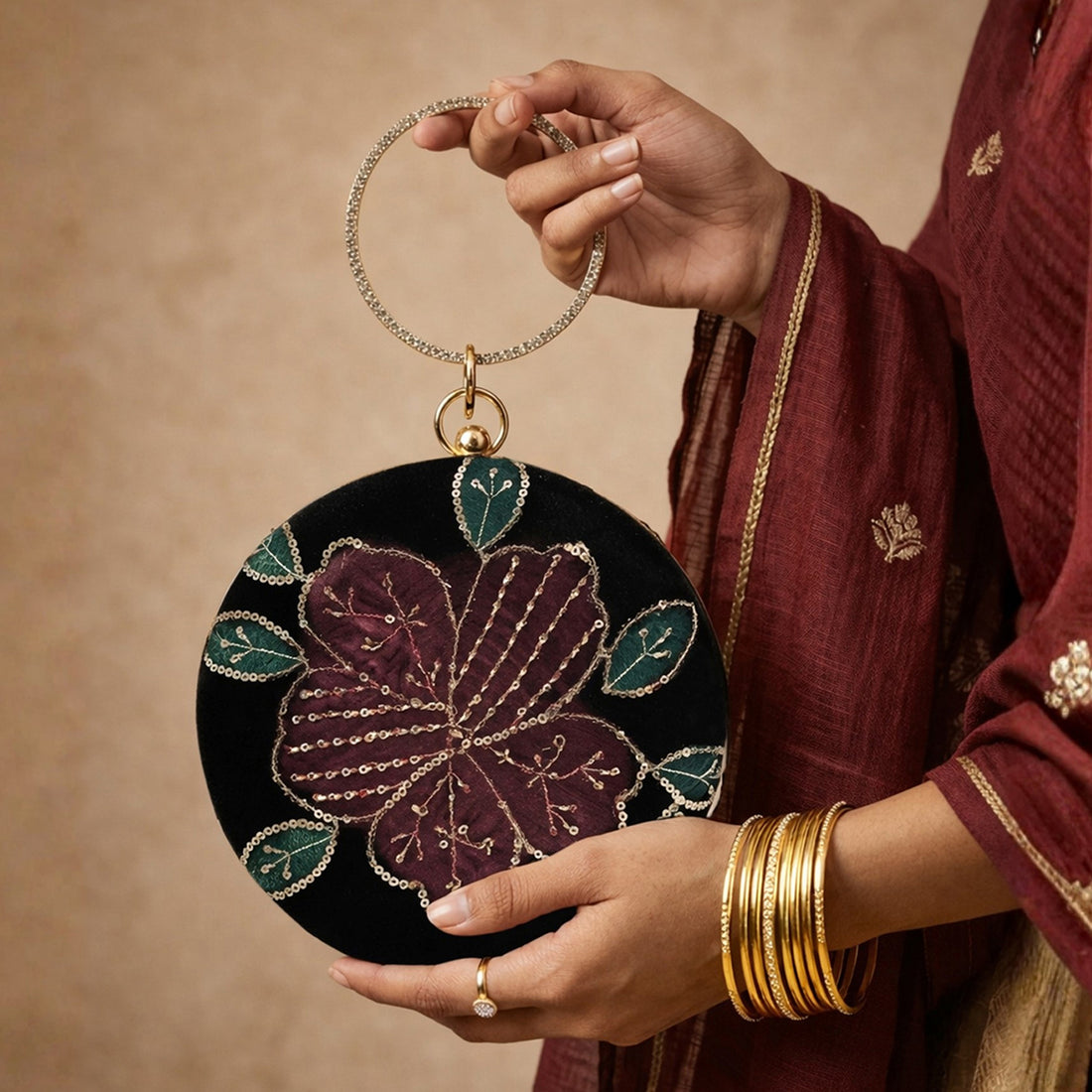 Artklim Midnight Blossom Black Velvet Floral Embroidered Round Clutch