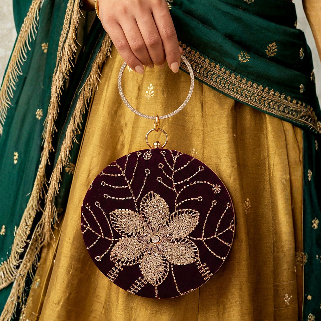 Artklim Wine Velvet Floral Round Embroidered Clutch