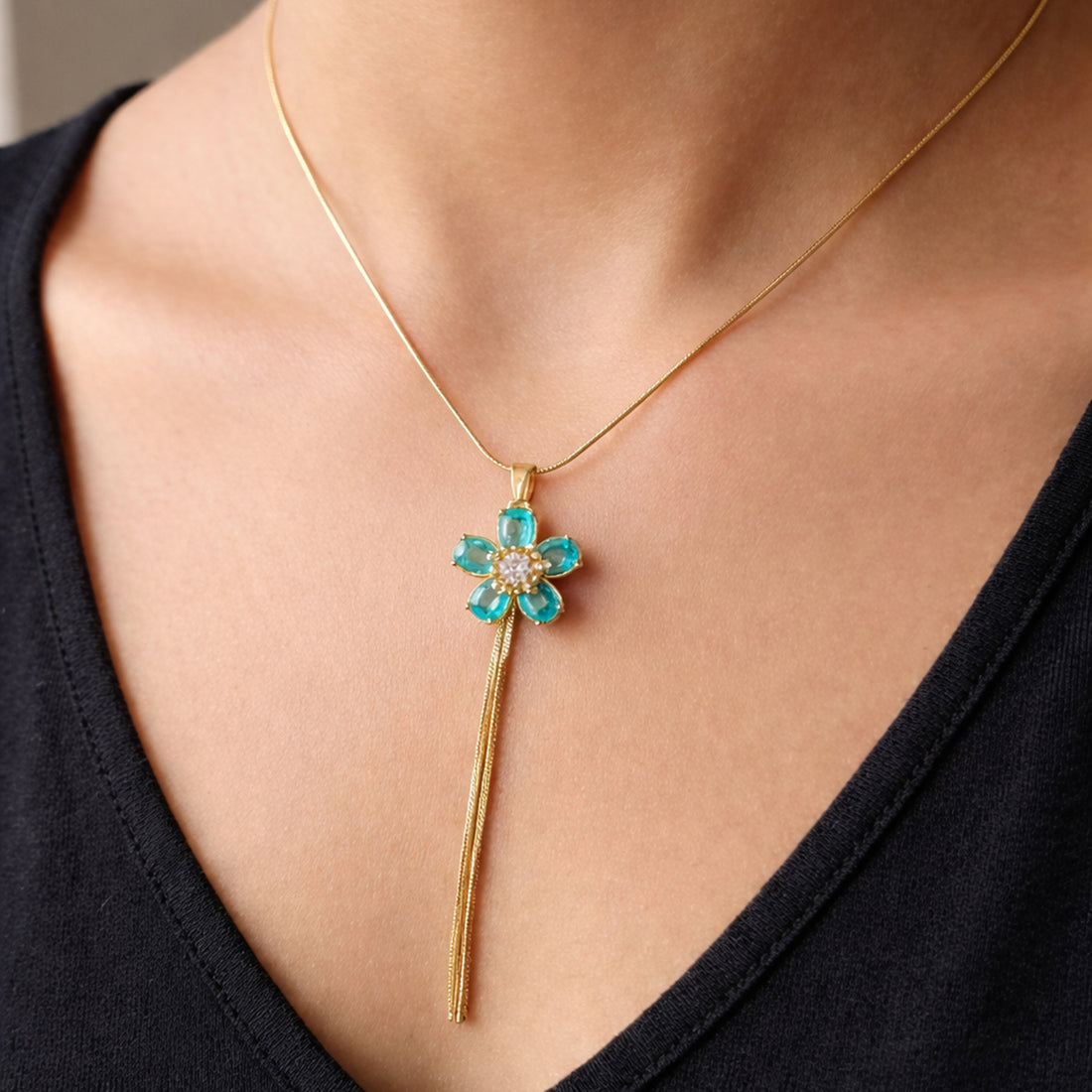 Artklim Gold-Plated Blue Crystal Flower Lariat Anti-Tarnish Pendant Necklace