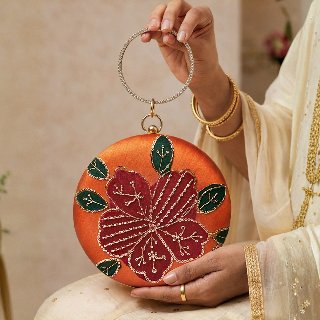 Artklim Sunset Glow Orange Floral Embroidered Round Clutch