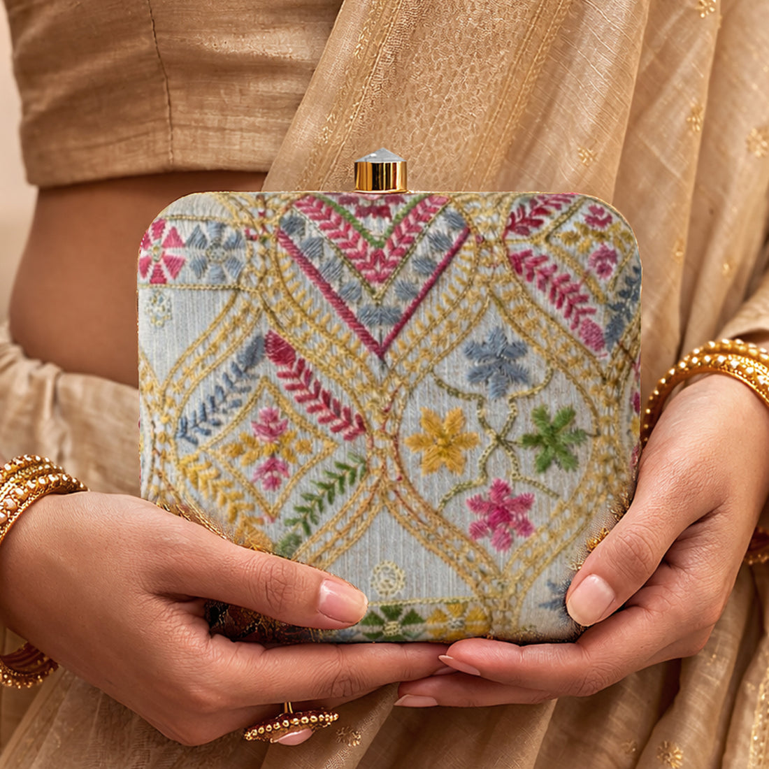 Artklim Elegant Multicolor Floral Embroidered Box Clutch