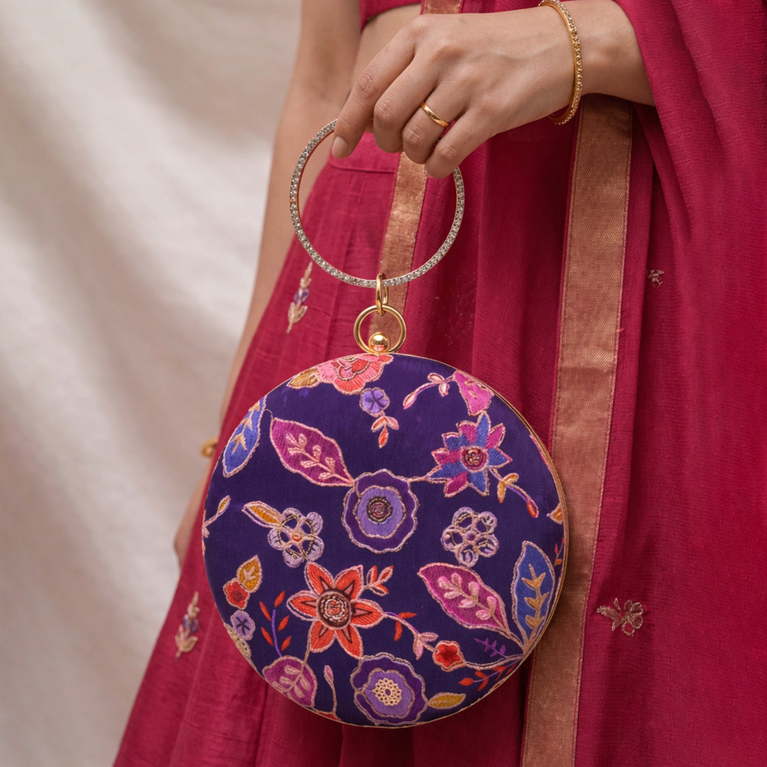 Artklim Purple Ethnic Round Embroidered Clutch