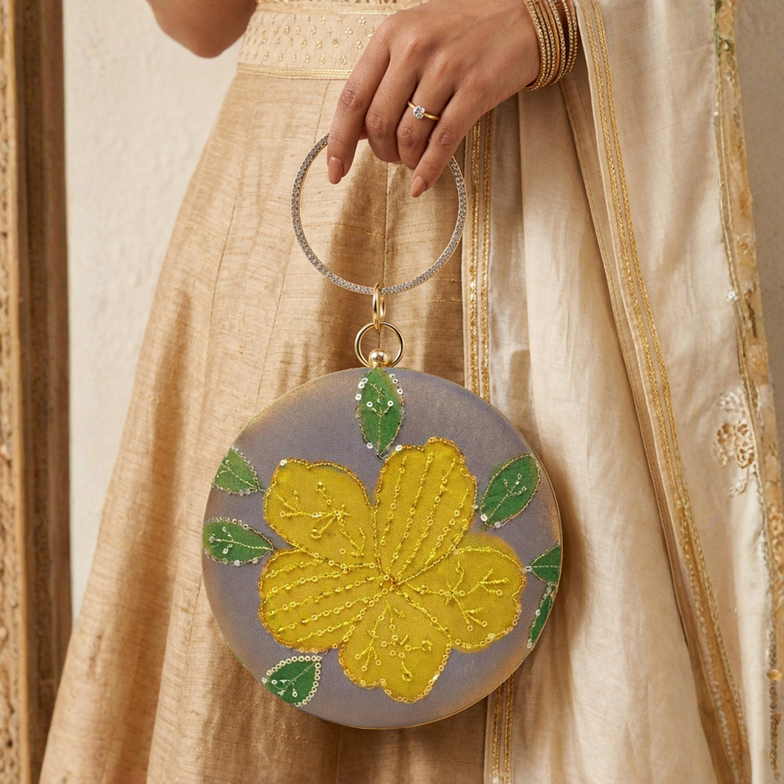 Artklim Golden Petal Yellow Floral Embroidered Round Clutch