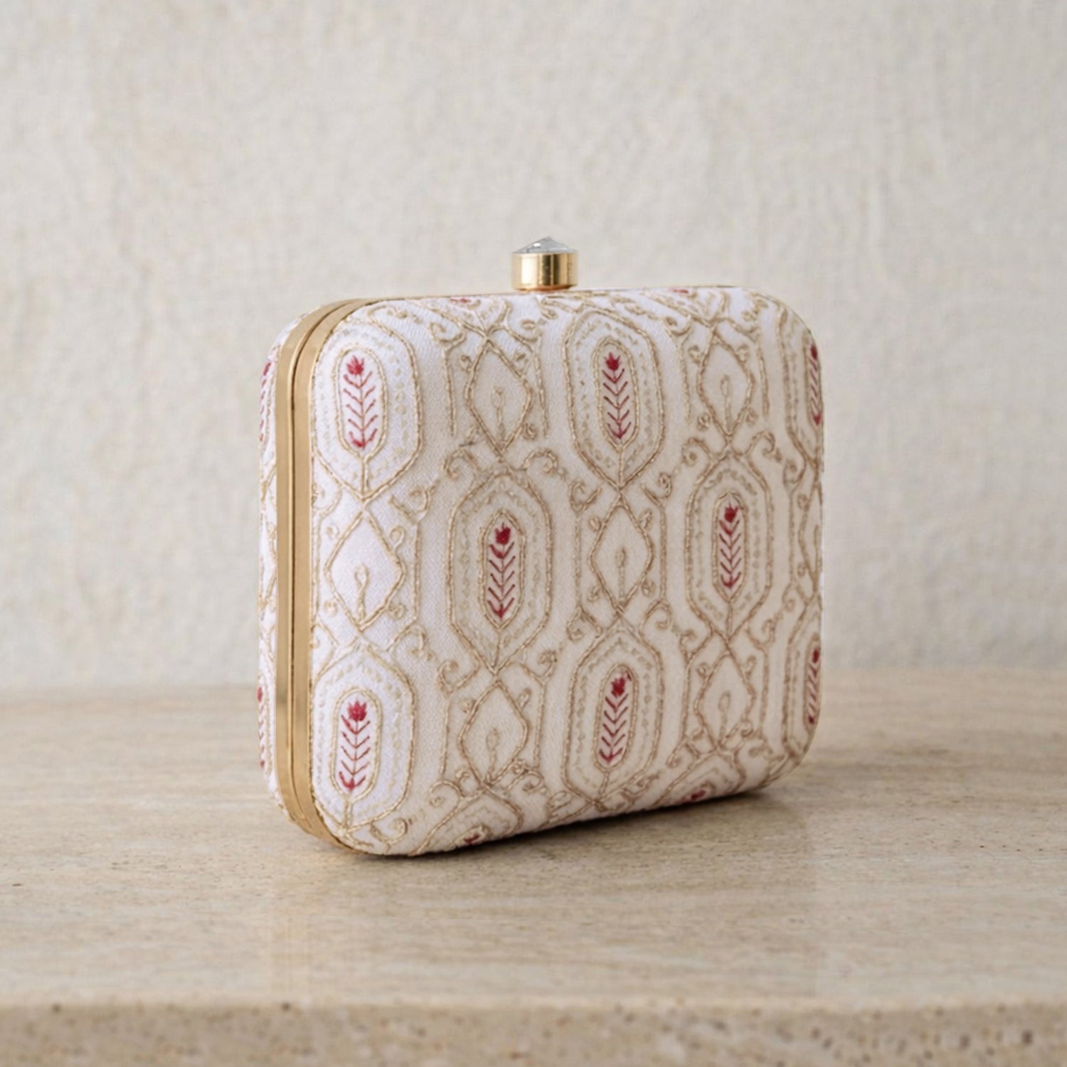 Artklim Elegant Ivory Embroidered Box Clutch
