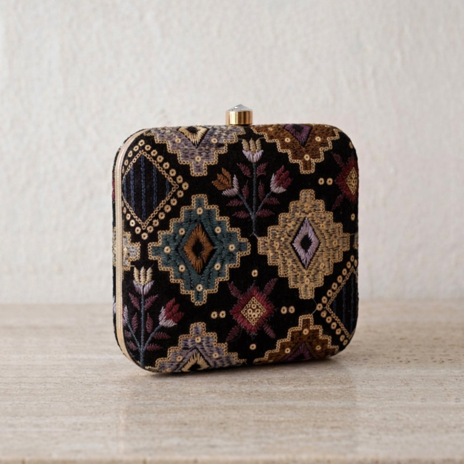 Artklim Elegant Black Multicolor Embroidered Box Clutch