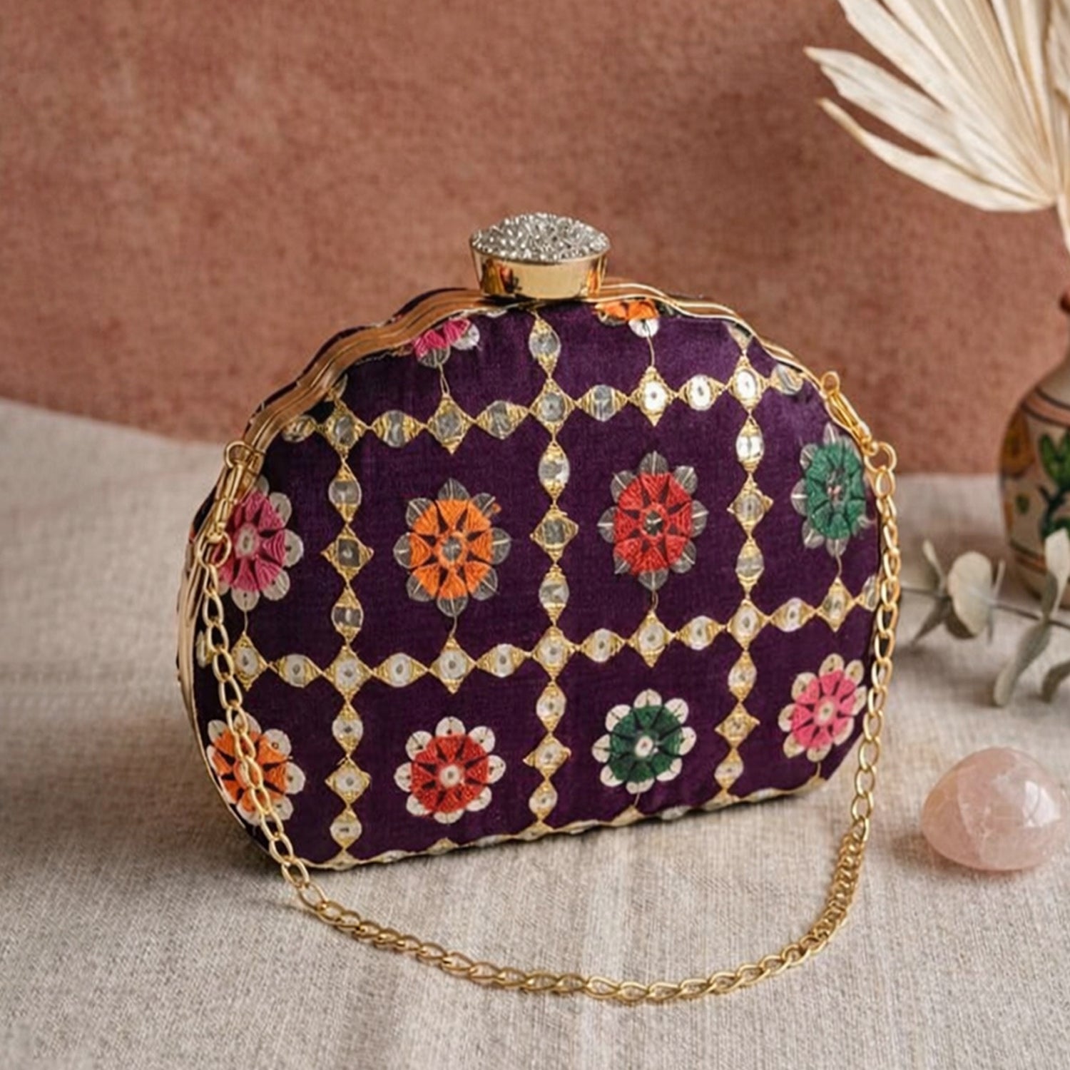 Artklim Stylish Purple Ethnic Embroidred Clutch