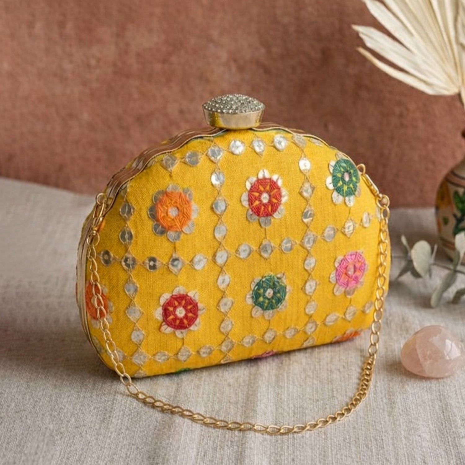 Artklim Stylish Yellow Ethnic Embroidred Clutch