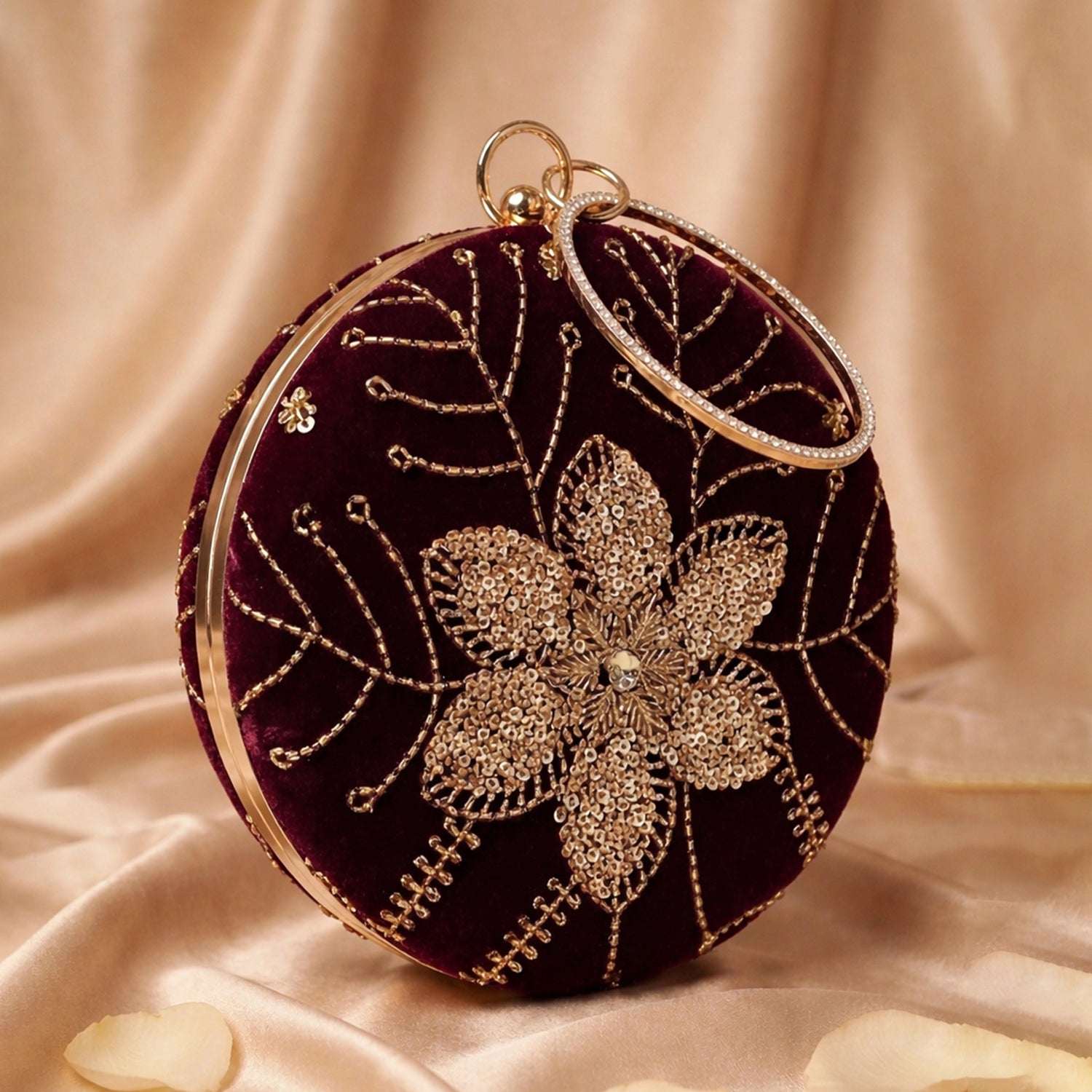Artklim Wine Velvet Floral Round Embroidered Clutch