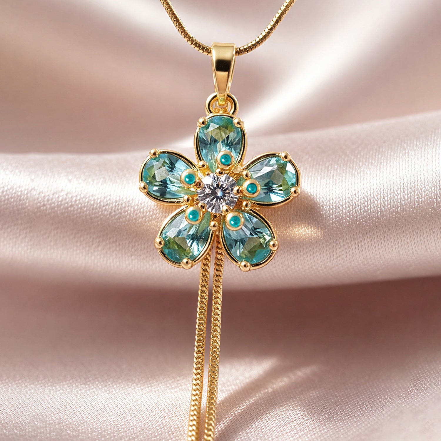 Artklim Gold-Plated Blue Crystal Flower Lariat Anti-Tarnish Pendant Necklace