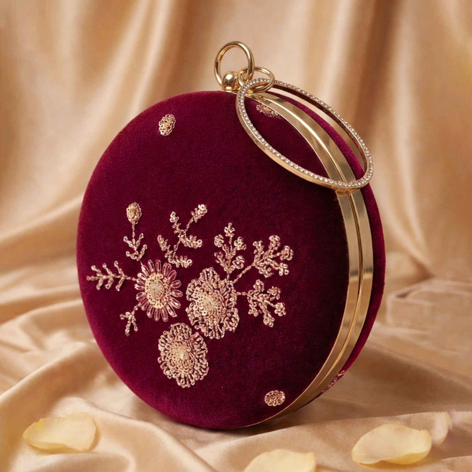 Artklim Dark Pink Velvet Floral Round Embroidered Clutch