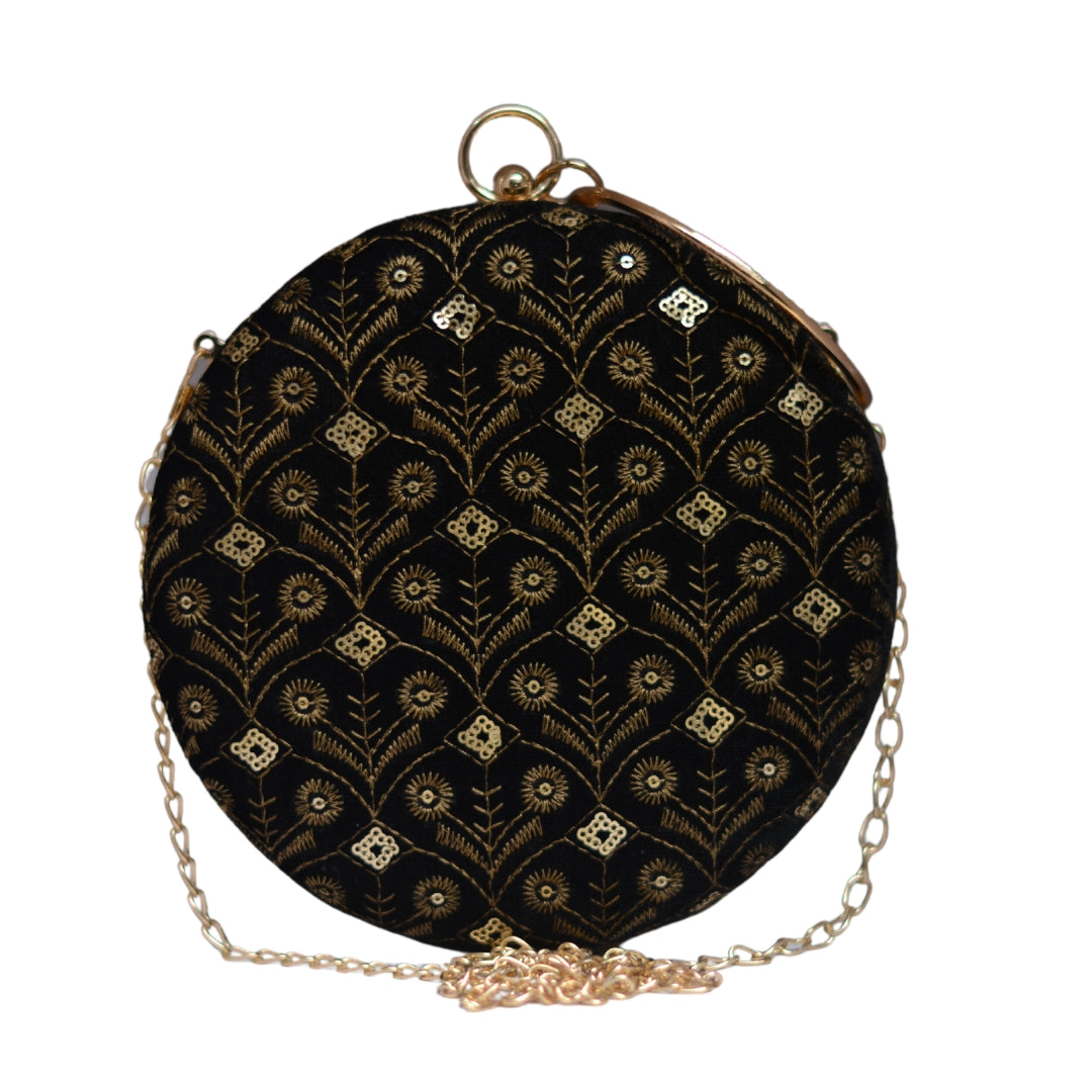 Artklim Black and Golden Round Party Clutch