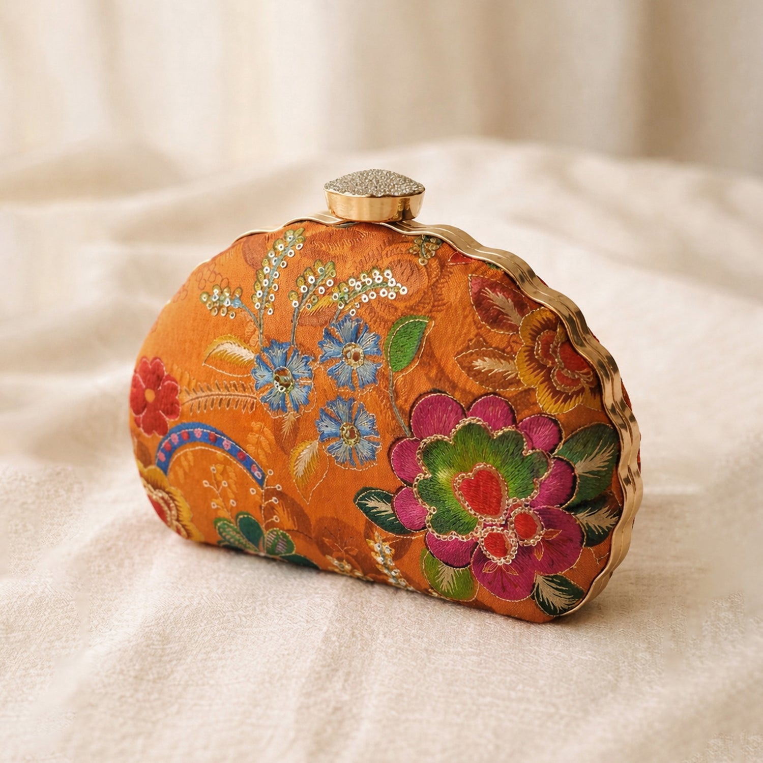 Artklim Elegant Orange Floral Ethnic Embroidered Clutch
