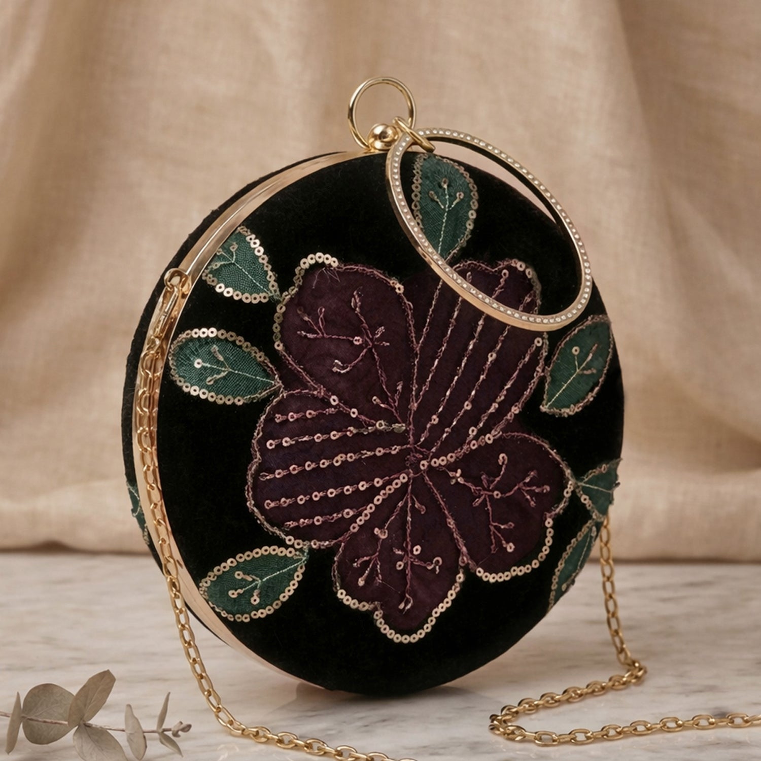 Artklim Midnight Blossom Black Velvet Floral Embroidered Round Clutch