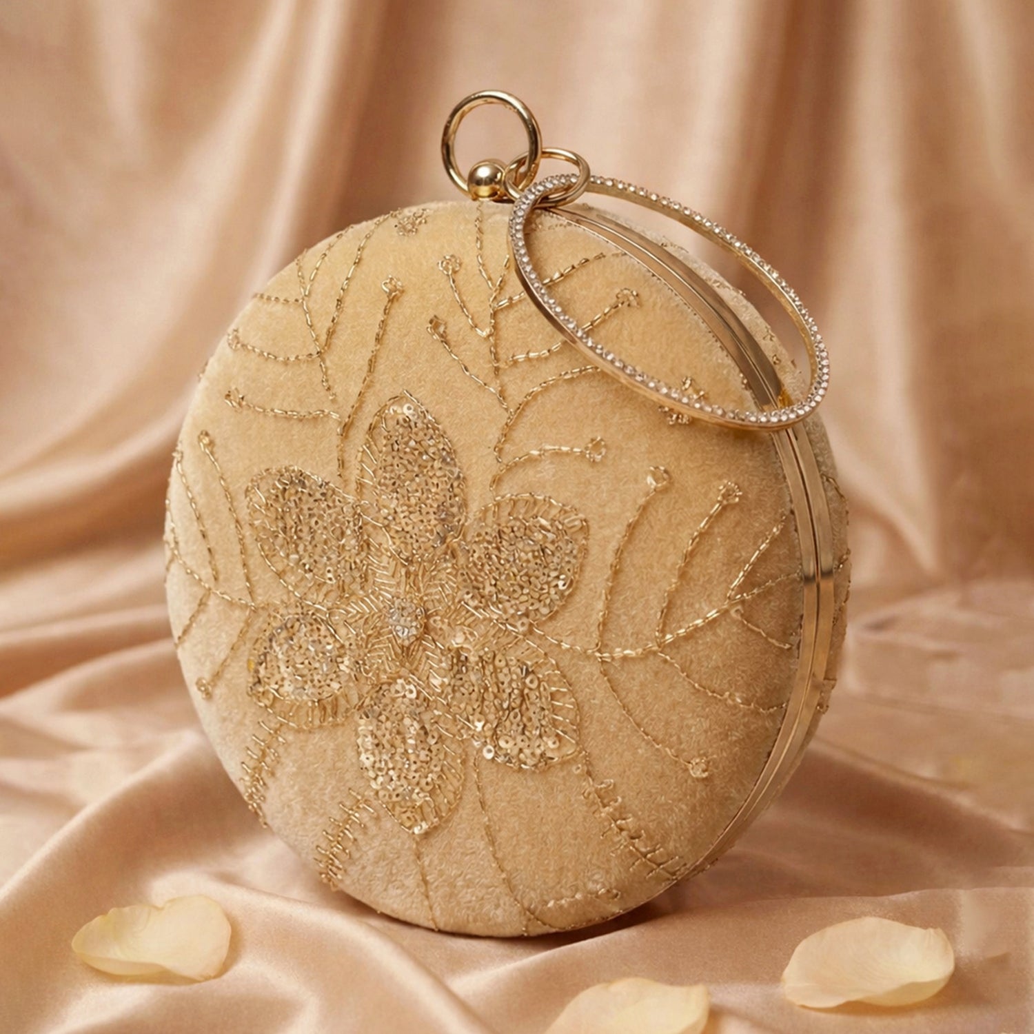 Artklim Light Gold Velvet Floral Round Embroidered Clutch