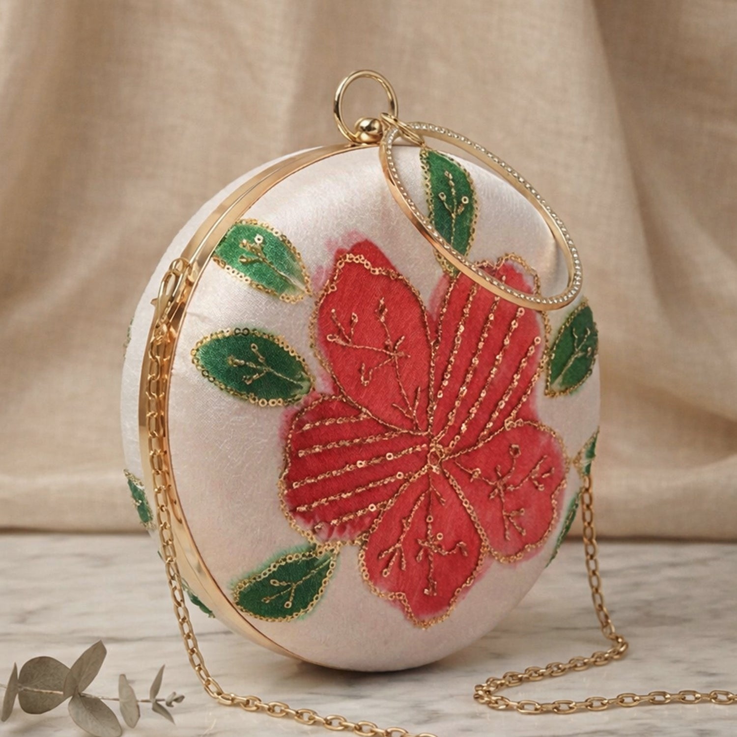 Artklim Ivory Garden Floral Sequin Embroidered Round Clutch