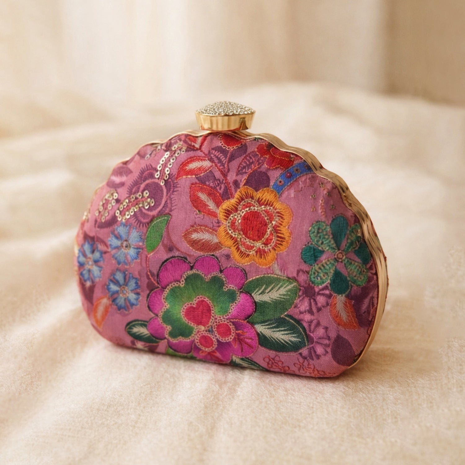 Artklim Elegant Pink Floral Ethnic Embroidered Clutch