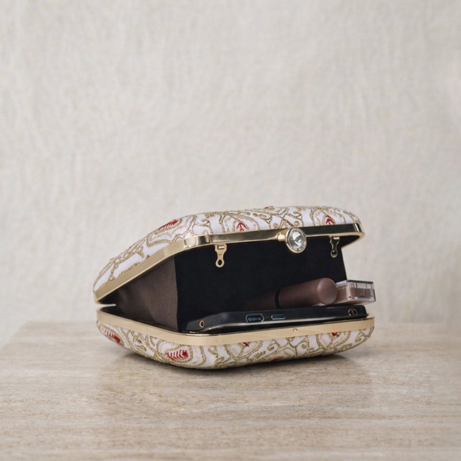 Artklim Elegant Ivory Embroidered Box Clutch