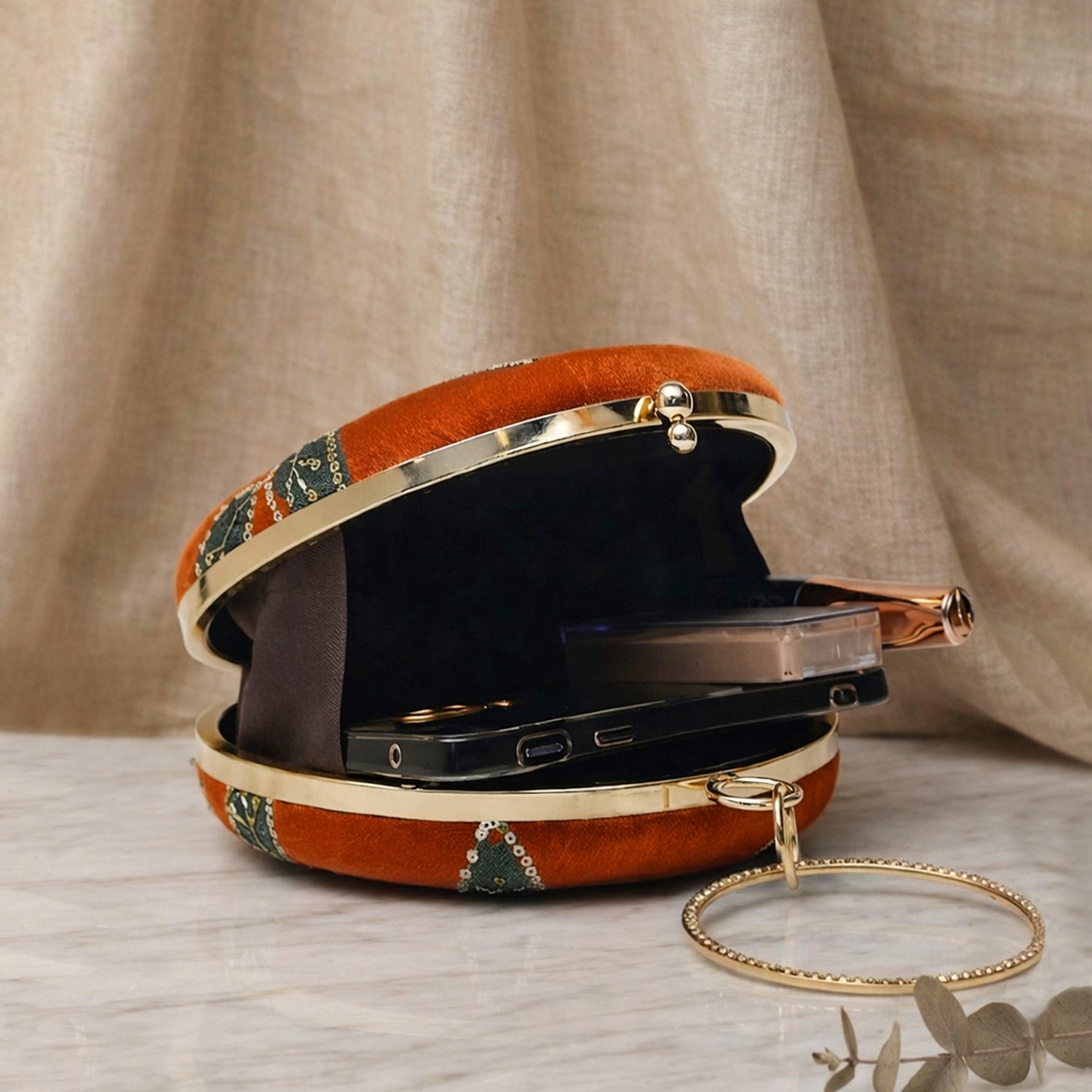 Artklim Sunset Glow Orange Floral Embroidered Round Clutch