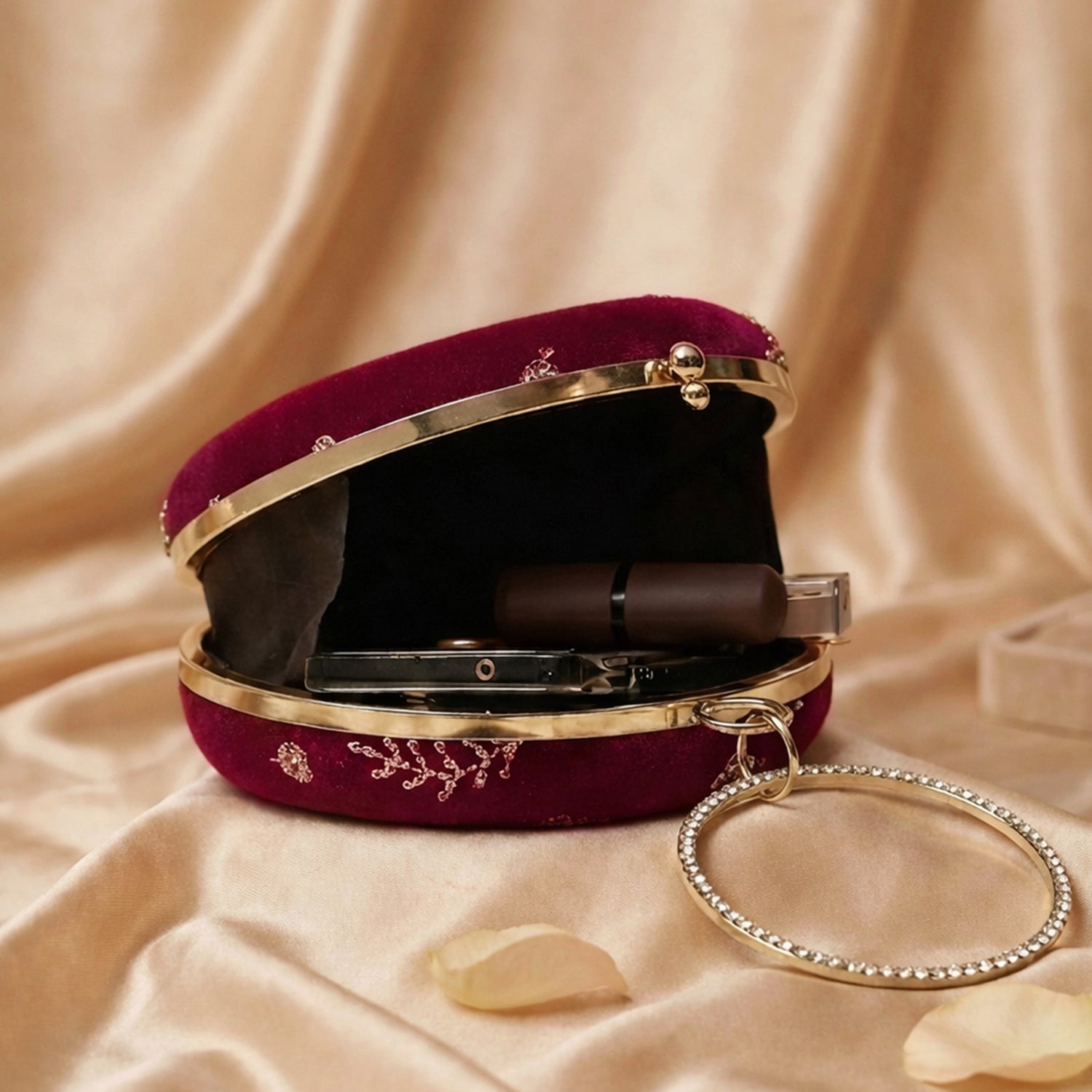 Artklim Dark Pink Velvet Floral Round Embroidered Clutch