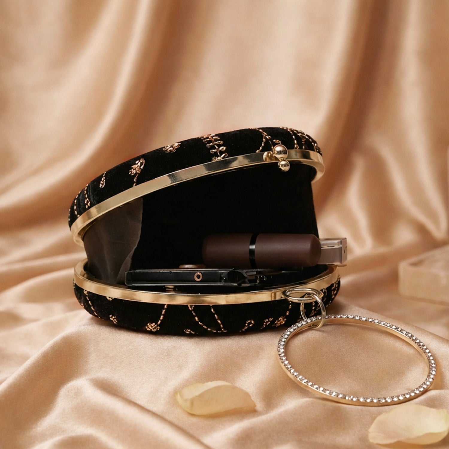 Artklim Black Velvet Floral Round Embroidered Clutch