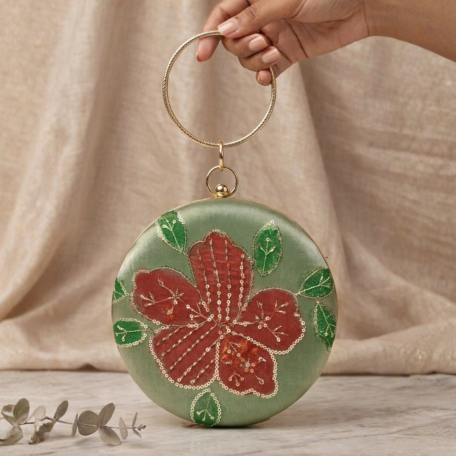 Artklim Sage Blossom Green Satin Floral Embroidered Round Clutch