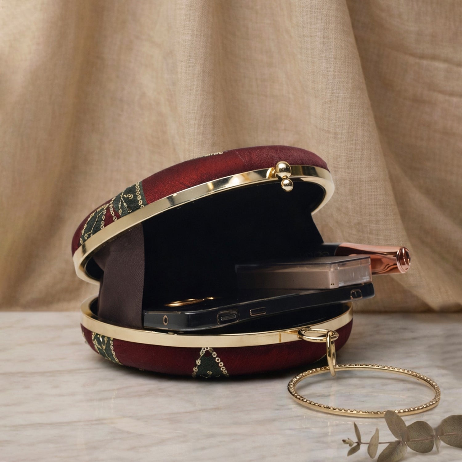 Artklim Ruby Bloom Velvet Embroidered Round Clutch