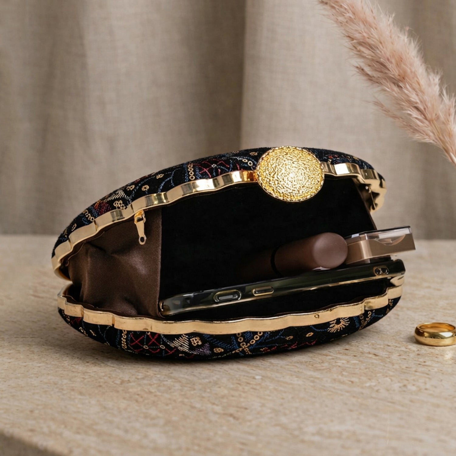 Artklim Black Geometric Embroidered Clutch