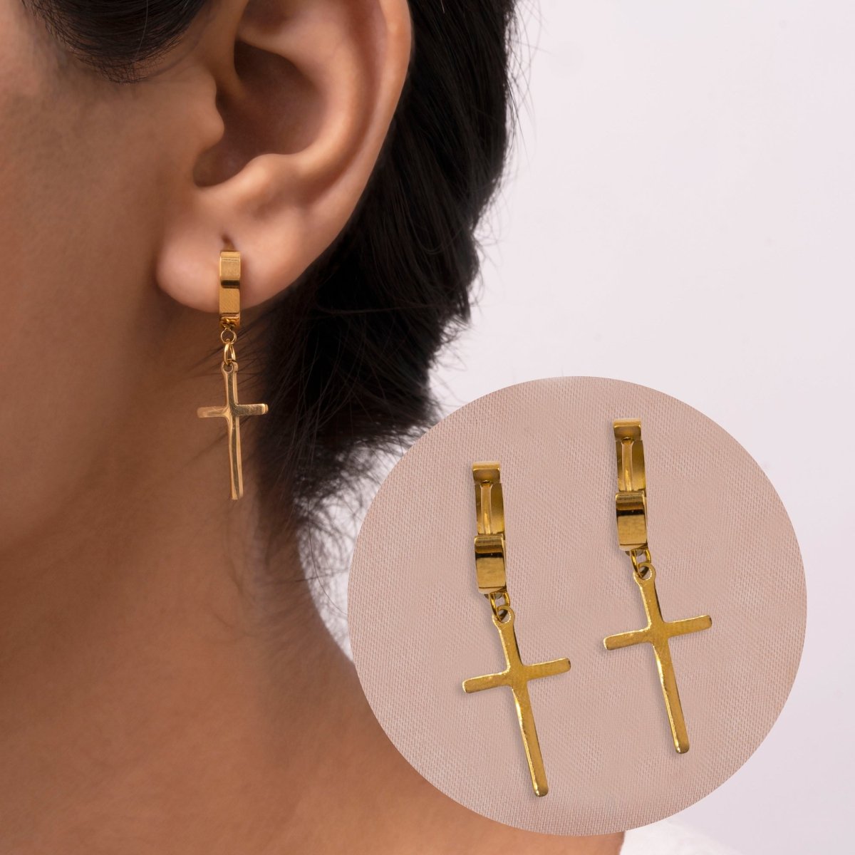 Artklim Gold Plated Cross Drop Hoop Earrings