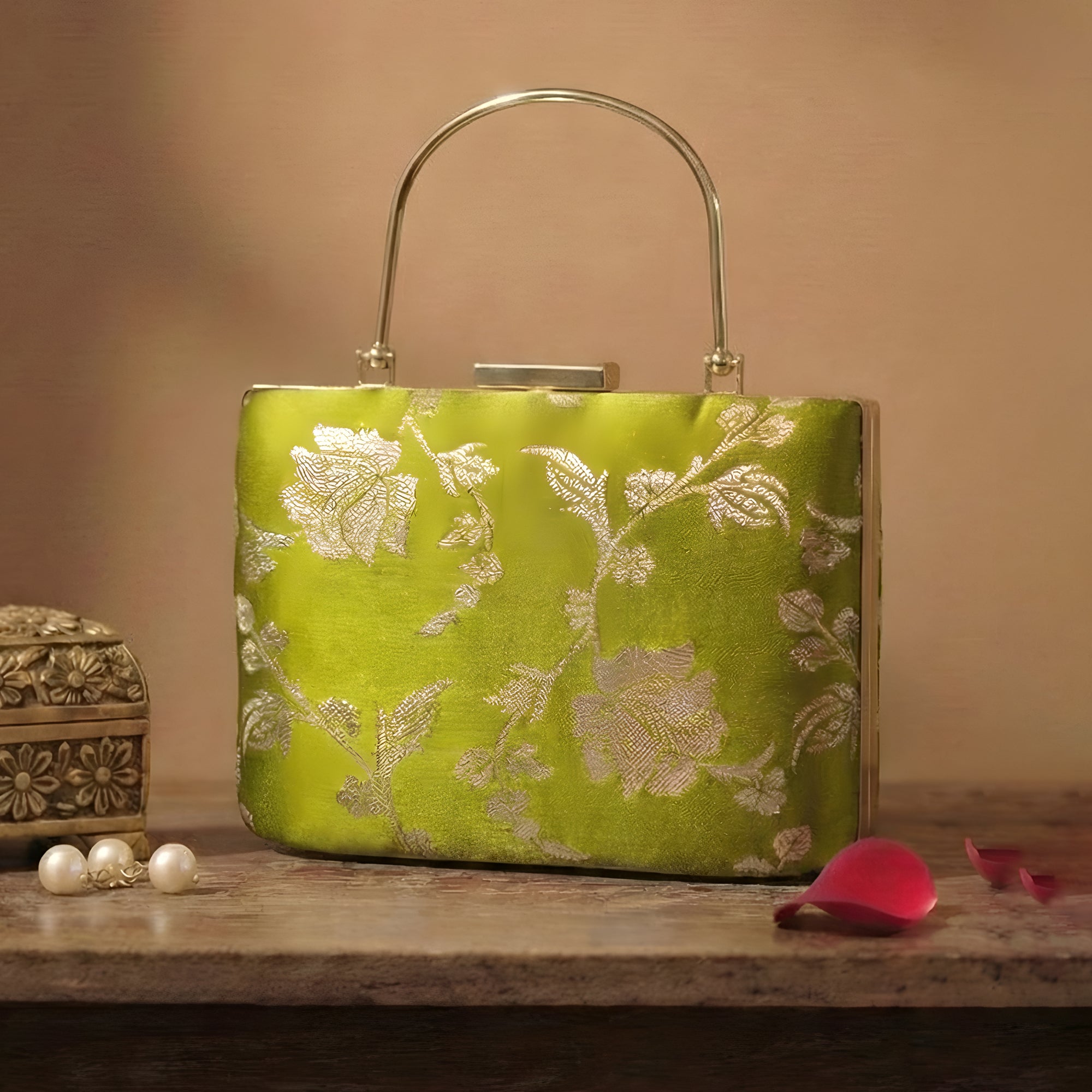Artklim Lime Green Gold Floral Embroidered Clutch