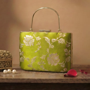 Artklim Lime Green Gold Floral Embroidered Clutch