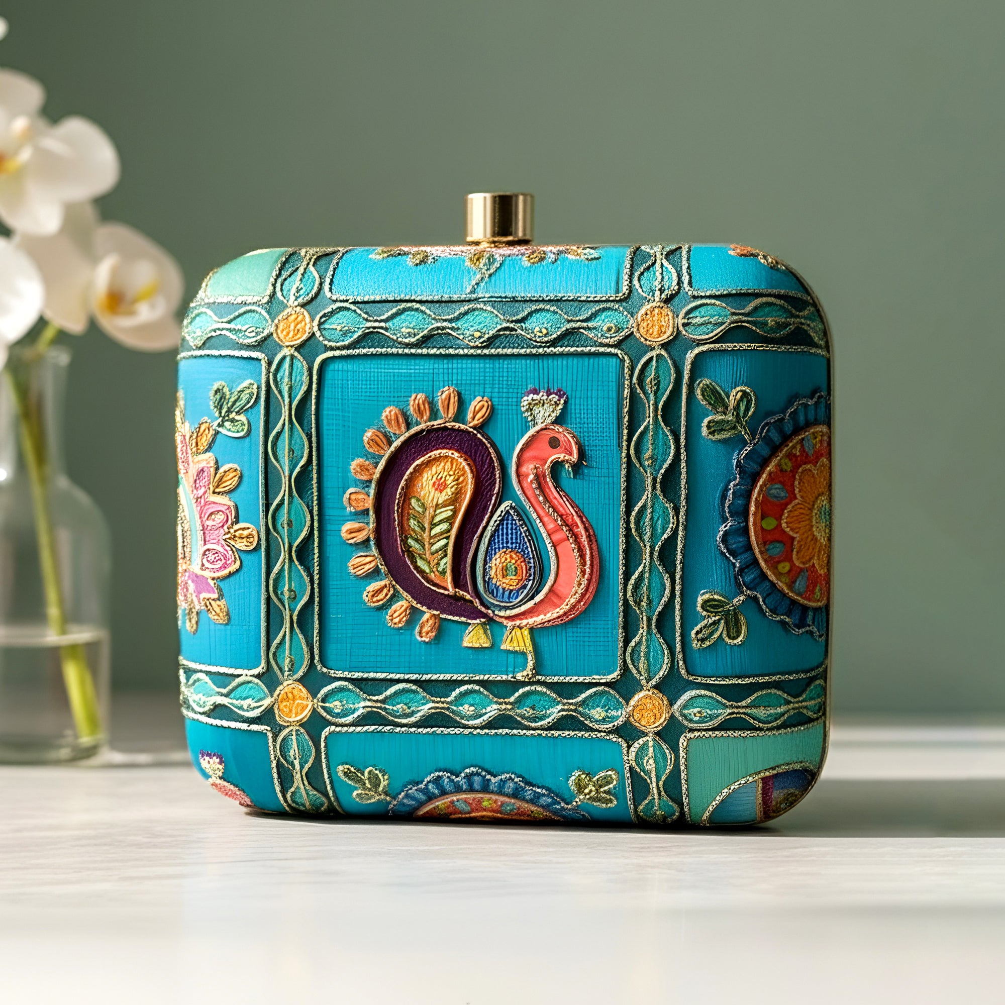 Artklim Royal Blue Heritage Peacock Embroidered Clutch