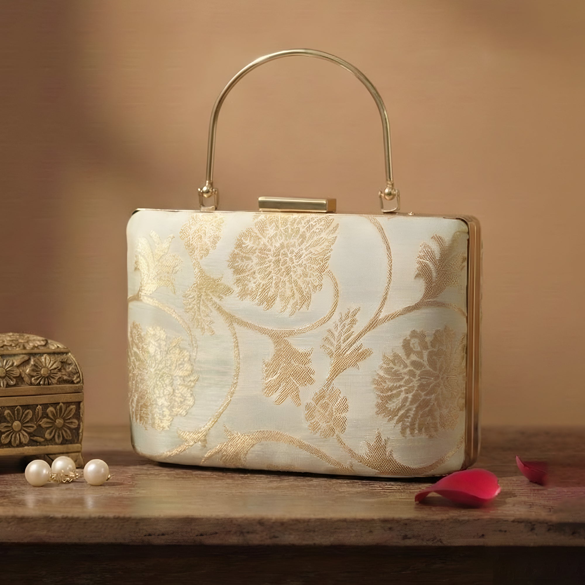 Artklim Champagne Ivory Gold Floral Embroidered Clutch