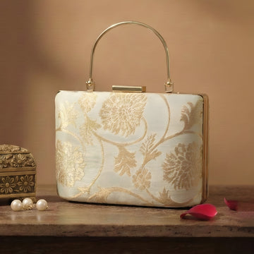Artklim Champagne Ivory Gold Floral Embroidered Clutch