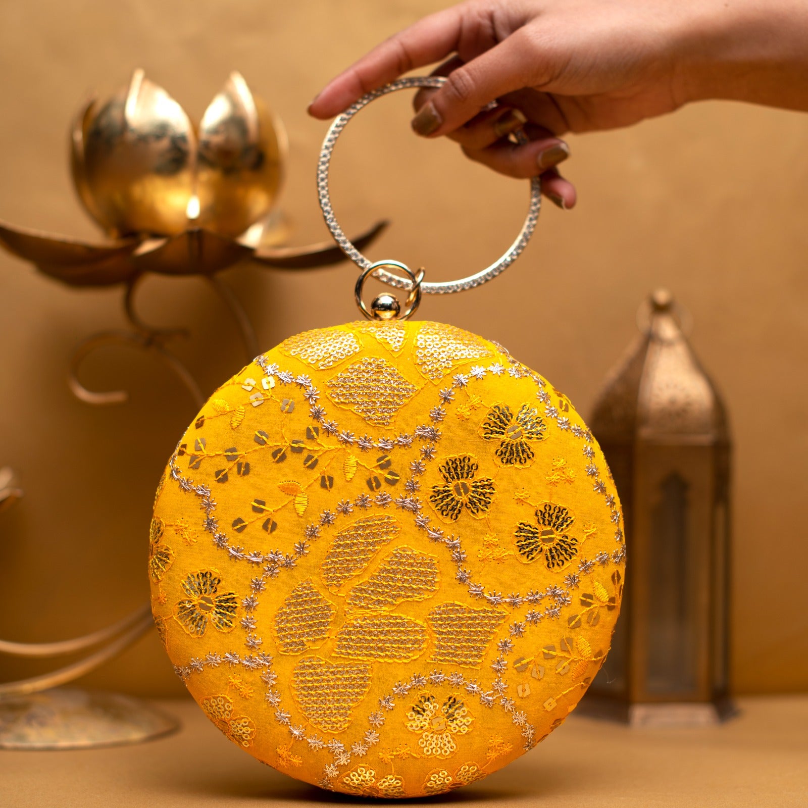 Yellow And Golden Round Embroidery Clutch