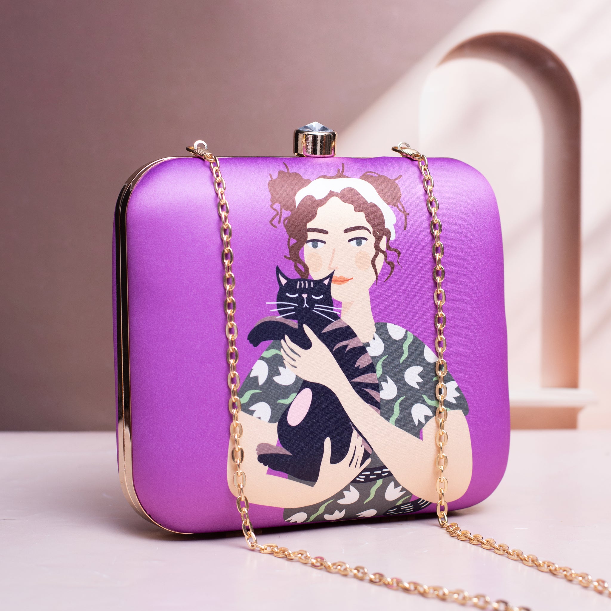 Glam Girl and Cat Printed Clutch With Vibrant Purple Background