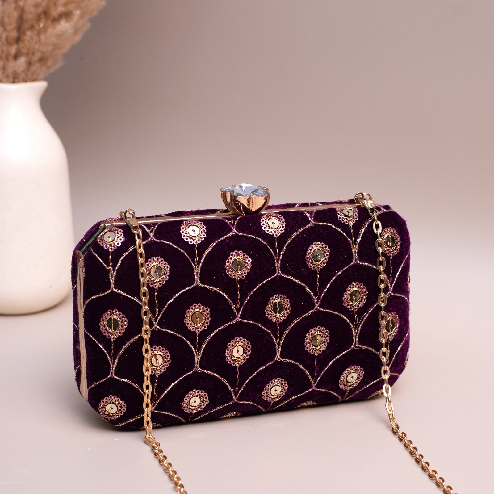 Artklim Wine Based Golden Sequins Embroidery Clutch